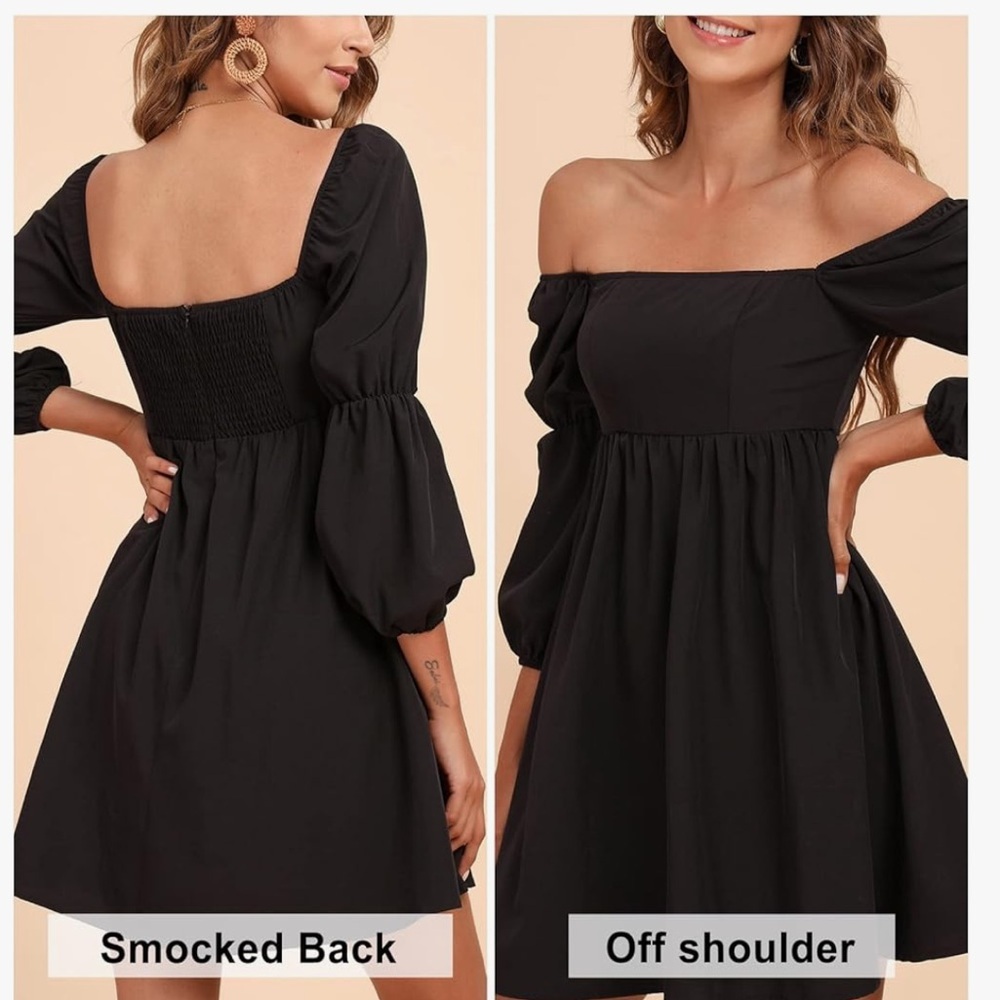 Exlura Off-Shoulder Black Smocked Long puff sleeve Sleeve Dress size medium
